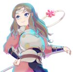  1girl arm_guards armor blue_eyes breastplate brown_hair fire_emblem fire_emblem_engage fire_emblem_fates from_below hair_tie hana_(fire_emblem) headband highres jewelry katana keldancon long_hair looking_to_the_side ring smile solo sword weapon 