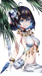  absurdres arabian_clothes bird black_hair blue_bird blue_hair breasts dress highres honkai_(series) honkai_impact_3rd medium_breasts palm_tree seele_(ffva7257) seele_vollerei short_hair smile tree white_dress 