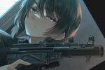  1girl bangs black_jacket blue_eyes closed_mouth commentary_request dreadtie gun h&amp;k_mp5k hair_between_eyes half-closed_eyes hand_up holding holding_gun holding_weapon jacket looking_at_viewer original solo submachine_gun thick_eyebrows weapon weapon_request 