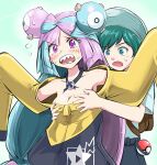  1boy 1girl armpits bow-shaped_hair breast_grab character_hair_ornament florian_(pokemon) grabbing grey_pantyhose hair_ornament iono_(pokemon) jacket multicolored_hair oversized_clothes pantyhose pokemon pokemon_(game) pokemon_sv ryp sharp_teeth single_leg_pantyhose sleeves_past_fingers sleeves_past_wrists split-color_hair teeth very_long_sleeves x yellow_jacket 