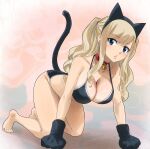  1girl animal_ears barefoot bikini black_bikini blonde_hair blue_eyes blush breasts cat_ears cat_girl cat_tail cleavage crawling eden&#039;s_zero gaston18 highres large_breasts long_hair looking_at_viewer necktie rebecca_bluegarden simple_background swimsuit tail 