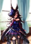  1girl :p absurdres black_hair blurry blurry_background blush breasts dagger gothic_lolita hair_over_one_eye hat highres horse_girl knife lolita_fashion long_hair looking_at_viewer purple_eyes rice_shower_(umamusume) sheath sheathed shin_(dshinb) small_breasts solo thighhighs tongue tongue_out twitter_username umamusume weapon 