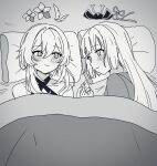  2girls alternate_hairstyle bangs blunt_bangs blush closed_mouth flower futon genshin_impact greyscale hair_between_eyes hair_down hair_ornament_removed highres holding_hands kamisato_ayaka kuromu_shado long_hair lumine_(genshin_impact) lying monochrome multiple_girls on_back on_side pillow ribbon short_hair_with_long_locks under_covers yuri 