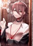 1girl absurdres black_collar black_jacket breasts brown_eyes brown_hair cigarette cleavage collar collarbone highres holding holding_cigarette jacket large_breasts no_bra open_clothes open_shirt original samip shirt smoke upper_body white_shirt 