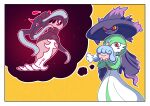  absurdres border carrying colored_sclera fukidashi_cotton gardevoir gigantamax gigantamax_hatterene hatenna hatterene highres imagining imitating mismagius no_humans outline pokemon pokemon_(creature) red_eyes smile thought_bubble white_border yellow_sclera 