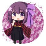  1girl :d bangs black_footwear black_hakama boots brown_hair chibi commentary_request floral_background full_body hair_between_eyes hair_ribbon hakama hakama_skirt hand_up highres japanese_clothes kimono long_sleeves looking_at_viewer original print_kimono purple_eyes purple_ribbon rensei ribbon shaded_face skirt sleeves_past_wrists smile solo standing white_background wide_sleeves yagasuri 