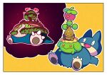  absurdres bonsly border bounsweet claws commentary_request fangs fukidashi_cotton gigantamax gigantamax_snorlax highres imagining imitating lying munchlax no_humans on_back open_mouth pokemon pokemon_(creature) sitting skiploom smile snorlax white_border 