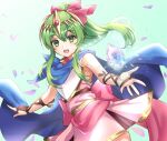  1girl bangs blue_cape cape dress fire_emblem fire_emblem:_mystery_of_the_emblem fire_emblem_heroes gem green_eyes green_hair hair_ribbon kakiko210 leather_wrist_straps looking_at_viewer open_mouth pink_dress pink_ribbon ponytail ribbon smile solo tiara tiki_(fire_emblem) upper_body 