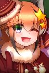  1girl animal_ear_fluff animal_ears blue_eyes cape caracal_(kemono_friends) caracal_ears christmas christmas_present extra_ears gift gloves hair_ornament hat highres hikarikmy kemono_friends kemono_friends_v_project long_hair looking_at_viewer multicolored_hair one_eye_closed open_mouth orange_hair santa_costume santa_hat simple_background smile snowman solo virtual_youtuber 