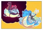  absurdres arm_up beamed_eighth_notes blush_stickers border commentary_request eighth_note fukidashi_cotton gigantamax gigantamax_lapras highres imagining imitating lapras meloetta meloetta_(aria) musical_note no_humans open_mouth pokemon pokemon_(creature) smile white_border 