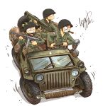  3boys american_flag arjay-the-lionheart belt canteen car chin_strap cigar collared_shirt driving english_commentary from_above green_shirt ground_vehicle gun helmet highres holding holding_gun holding_weapon jeep long_sleeves looking_to_the_side m1_bazooka m1_helmet male_focus military military_helmet military_jacket military_uniform military_vehicle motion_lines motor_vehicle multiple_boys open_collar open_mouth pocket pouch rocket_launcher rope shirt signature simple_background smoking soldier steering_wheel submachine_gun teeth thompson_submachine_gun toon_(style) uniform united_states_army weapon white_background world_war_ii 