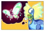  =3 absurdres aurorus border butterfree caterpie fukidashi_cotton gigantamax gigantamax_butterfree highres imagining imitating no_humans outline pokemon pokemon_(creature) smile thought_bubble white_border 