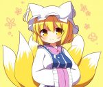  1girl animal_ears bangs blonde_hair brown_eyes commentary_request dress floral_background fox_ears fox_tail frilled_sleeves frills hair_between_eyes hands_in_opposite_sleeves hat kitsune long_sleeves looking_at_viewer pillow_hat rensei solo tabard tail touhou upper_body white_dress white_headwear wide_sleeves yakumo_ran 