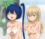 2girls bath bathing blonde_hair blue_eyes blue_hair blush breasts cleavage closed_eyes closed_mouth convenient_censoring dripping eden&#039;s_zero foam gaston18 highres labilia_christy large_breasts long_hair multiple_girls nude open_mouth rebecca_bluegarden wet 