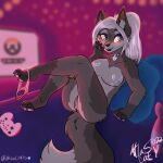  anthro ashe(atlacat) atlacat canid canine clothing collar colored_nails controller female gamer_girl grey_fox hair heart_tag hi_res mammal nails pasties solo striptease underwear underwear_around_one_leg urocyon video_games white_hair 