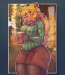  beverage big_breasts blonde_hair bottomwear breasts capreoline cervid clothing deltarune female freckles hair hi_res holding_beverage holding_object mammal mr._deathcat noelle_holiday reindeer skirt solo thick_thighs undertale_(series) video_games 