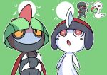  :o absurdres arrow_(symbol) fukidashi_cotton headwear_switch highres no_humans orange_eyes outline pawniard pokemon pokemon_(creature) ralts red_eyes 