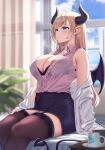  big_breasts blonde_hair bottomwear breasts cleavage clothed clothing demon demon_humanoid female garter_straps hair hi_res humanoid legwear moisture_(chichi) not_furry sitting skirt solo thigh_highs 