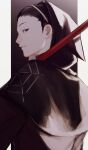  1boy absurdres alternate_costume black_hair capelet carrying_over_shoulder from_behind hair_slicked_back hairband highres hood hood_up hooded_capelet long_sleeves looking_at_viewer male_focus nennen_(pixiv14003276) parted_lips polearm sideways_glance solo upper_body weapon world_trigger yoneya_yousuke 