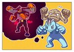  absurdres border flying_sweatdrops frown fukidashi_cotton furrowed_brow geodude gigantamax gigantamax_machamp highres hunched_over imagining imitating machamp machop no_humans outline pokemon pokemon_(creature) smile sweatdrop thought_bubble white_border 