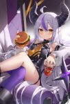  1girl absurdres ahoge ascot black_horns black_nails blush burger closed_mouth cup detached_sleeves drinking_straw fingernails food hair_between_eyes highres holding holding_cup holding_food hololive horns kaguya_(srx61800) la+_darknesss long_hair looking_at_viewer multicolored_hair nail_polish orange_ascot pantyhose purple_hair purple_pantyhose single_leg_pantyhose sitting solo streaked_hair striped_horns tail thighs very_long_hair virtual_youtuber white_hair white_sleeves yellow_eyes 