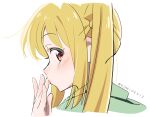  1girl blonde_hair blush bocchi_the_rock! brown_eyes close-up finger_to_mouth green_jacket ijichi_nijika jacket komipe512 long_hair looking_at_viewer nose_blush profile side_ponytail simple_background solo twitter_username white_background 