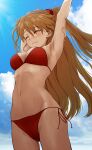  1girl absurdres arm_behind_head arm_up armpits bikini blue_sky breasts brown_hair closed_eyes cloud cowboy_shot evangelion:_3.0+1.0_thrice_upon_a_time from_below highres interface_headset long_hair medium_breasts neon_genesis_evangelion rebuild_of_evangelion red_bikini sasasa_r_23 side-tie_bikini_bottom sky solo souryuu_asuka_langley standing stretching swimsuit two_side_up 