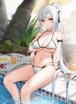  1girl :o azur_lane bikini black_choker breasts choker collarbone cup detached_sleeves dot_nose drake_(azur_lane) drake_(the_golden_hind&#039;s_respite)_(azur_lane) drinking_glass food highres large_breasts looking_at_viewer multi-strapped_bikini official_alternate_costume open_mouth plate ponytail pool pool_ladder poolside pulled_by_self qing_wu see-through see-through_sleeves sidelocks sitting skindentation soaking_feet solo strap_pull swimsuit tree water wet white_bikini white_hair yellow_eyes 