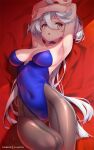  1girl ahoge armpits arms_up bangs bed_sheet blue_leotard blush breasts covered_navel grey_eyes grey_hair gundam gundam_suisei_no_majo hair_between_eyes hong_(white_spider) knee_up large_breasts leotard long_hair looking_away lying miorine_rembran on_back on_bed pantyhose parted_lips red_background sideways_glance signature solo strapless strapless_leotard very_long_hair 