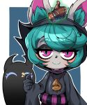  1girl absurdres bangs belt beseunaj-jamjaneun_gemdol-i black_belt black_hoodie ears_through_headwear emoji green_background highres hood hood_up hoodie jewelry league_of_legends long_sleeves necklace outline pink_eyes slit_pupils smile thumbs_up vex_(league_of_legends) vex_shadow_(league_of_legends) white_background white_outline yordle 