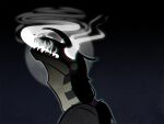 4:3 ambiguous_gender black_hair bust_portrait grey_body hair kardinaluz long_hair long_neck open_mouth ponytail portrait shadowwolfhunter side_view simple_background smoke_from_eyes smoke_from_mouth solo species_request striped_neck 