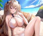  1girl absurdres alternate_costume anchorage_(azur_lane) azur_lane bare_arms bare_legs bare_shoulders beach bikini black_choker breasts brown_hair choker cleavage day feet_out_of_frame frilled_bikini frills hair_ornament halterneck hand_up highres knee_up large_breasts long_hair looking_at_viewer multi-strapped_bikini navel open_mouth outdoors pink_eyes revision shenqi_(toid310) sitting skindentation smile solo stomach string_bikini swimsuit thighs two_side_up very_long_hair wet white_bikini 