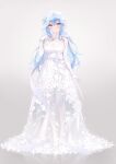  1girl absurdres bangs blue_hair blush bracelet breasts bridal_veil bride closed_mouth dress elbow_gloves floral_print full_body gloves hair_between_eyes heiyan_shenshi highres hololive jewelry large_breasts long_dress long_hair looking_at_viewer revision see-through simple_background smile solo standing veil virtual_youtuber white_background white_dress white_gloves yellow_eyes yukihana_lamy 