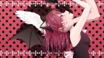  1girl angel_wings animal_ears arms_up ascot asymmetrical_wings back_bow bangs blush bow cat_ears demon_wings facing_up hands_on_another&#039;s_cheeks hands_on_another&#039;s_face heart indie_virtual_youtuber lace long_hair looking_up nanase_(ribonshitoron) open_mouth pink_eyes polka_dot polka_dot_background profile reaching red_hair romeo_to_cinderella_(vocaloid) setsuna_hadena sleeveless solo_focus virtual_youtuber wings 