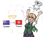  1girl 2022_fifa_world_cup australian_flag badge blonde_hair blue_necktie blue_skirt braid braided_bangs braided_bun cape commentary_request cowboy_shot dress_shirt green_cape green_vest hair_bun kantai_collection koala long_hair necktie perth_(kancolle) plaid plaid_skirt pleated_skirt purple_eyes school_uniform score shirt short_sleeves simple_background skirt smile suda_(yuunagi_enikki) tunisian_flag vest white_background white_shirt world_cup 