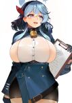  1girl ako_(blue_archive) areola_slip bell belt black_belt black_gloves black_hairband black_skirt blue_archive blue_coat blue_eyes blue_hair blush breasts breasts_out clipboard coat commentary_request cowboy_shot earrings gloves hair_between_eyes hairband halo harusame-r holding holding_clipboard jewelry large_breasts long_hair long_sleeves looking_to_the_side miniskirt neck_bell open_mouth paid_reward_available sideboob simple_background skirt solo white_background 