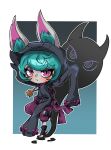  1girl absurdres animal_ear_fluff bangs beseunaj-jamjaneun_gemdol-i black_background black_hoodie blush closed_mouth ears_through_headwear fang from_side full_body green_background green_hair highres hood hoodie league_of_legends long_sleeves looking_at_viewer multicolored_background pants pink_eyes pink_pants sandals shiny shiny_hair shoes short_hair sleeves_past_fingers sleeves_past_wrists slit_pupils standing standing_on_one_leg vex_(league_of_legends) vex_shadow_(league_of_legends) 