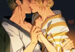  2boys blonde_hair blush couple curly_eyebrows facial_hair from_side goatee green_hair green_kimono hair_over_one_eye half-closed_eyes highres holding_hands japanese_clothes kimono kiss kotomine_(a1569) licking licking_another&#039;s_face licking_another&#039;s_lips male_focus multiple_boys official_alternate_costume one_piece pectoral_cleavage pectorals roronoa_zoro sanji_(one_piece) short_hair upper_body yaoi yellow_kimono 