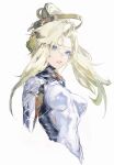  1girl blonde_hair breasts cropped_torso floating_hair halo highres looking_afar mechanical_halo medium_breasts mercy_(overwatch) messikid overwatch overwatch_1 simple_background solo upper_body white_background 