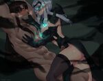  1boy 1girl abs alternate_costume arms_up ashe_(league_of_legends) ass bangs beard black_gloves black_thighhighs breasts brown_hair cleavage collarbone cookie3w3 elbow_gloves facial_hair from_side gloves glowing glowing_eyes green_eyes grey_hair highres hood hood_down large_breasts league_of_legends long_hair multicolored_background navel penis ruined_(league_of_legends) shiny shiny_hair shiny_skin shoulder_plates shoulder_spikes spikes thighhighs tryndamere 