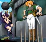  1boy 1girl against_wall armor backpack bag belt booby_trap boots brown_footwear copyright_name crack day demon_tail dress fingerless_gloves friday_(landstalker) gloves green_shirt horns landstalker:_koutei_no_zaihou nigel_(landstalker) orange_eyes orange_hair outdoors pants purple_dress purple_hair redlark sheath sheathed shirt spikes sword tail toeless_legwear weapon white_pants wings 