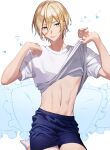  1boy 55mot0 bangs bishounen black_shorts blonde_hair blue_eyes closed_mouth clothes_lift commentary_request ensemble_stars! expressionless eyelashes frilled_pillow frills hair_between_eyes hands_up highres lifted_by_self looking_at_viewer loungewear male_focus navel pillow seiza shiny shiny_hair shirt shirt_lift short_sleeves shorts sidelocks sitting socks solo stomach t-shirt tenshouin_eichi white_shirt white_socks 
