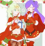  2girls asymmetrical_clothes bangs blush breasts byleth_(fire_emblem) byleth_(fire_emblem)_(female) cape choker christmas cleavage closed_mouth d_kenpis fire_emblem fire_emblem:_three_houses fire_emblem_warriors:_three_hopes gloves hair_bun hair_over_one_eye highres large_breasts long_hair medium_breasts medium_hair multiple_girls navel pantyhose purple_hair shez_(fire_emblem) shez_(fire_emblem)_(female) simple_background single_hair_bun skirt smile thighhighs 