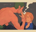  back blonde_hair cigarette collared_shirt curly_eyebrows facial_hair food_theft from_behind goatee green_hair hair_over_one_eye highres holding holding_cigarette long_sideburns loose_necktie male_focus necktie one_piece roronoa_zoro sanji_(one_piece) shirt short_hair sideburns smile smoking sweatdrop toned toned_male topless_male ynnn_m 