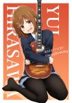  1girl :d bangs black_pantyhose blazer blue_jacket blue_ribbon blush brown_eyes brown_hair character_name collared_shirt commentary_request dated electric_guitar full_body grey_skirt guitar hair_ornament hairclip happy_birthday highres hirasawa_yui holding holding_instrument instrument jacket k-on! kagiana long_sleeves looking_at_viewer neck_ribbon object_hug open_mouth pantyhose pleated_skirt ribbon sakuragaoka_high_school_uniform school_uniform seiza shirt short_hair sitting skirt smile solo white_shirt winter_uniform 