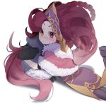  1girl asymmetrical_bangs bangs braid brown_eyes capelet dress foot_up fur-trimmed_capelet fur_trim hair_ornament heterochromia highres league_of_legends long_hair lying on_stomach pink_capelet pink_dress pink_eyes pout red_hair simple_background solo teuchinso_joi white_background winterblessed_zoe zoe_(league_of_legends) 