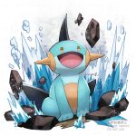  :d commentary_request full_body happy marshtomp no_humans open_mouth pokemon pokemon_(creature) rock smile solo water water_drop watermark yamanashi_taiki 