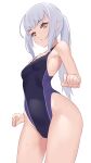  1girl bangs bare_shoulders black_one-piece_swimsuit blush breasts collarbone covered_navel fairy_knight_lancelot_(fate) fate/grand_order fate_(series) forked_eyebrows highleg highleg_swimsuit highres jilu long_hair looking_at_viewer one-piece_swimsuit open_mouth ponytail sidelocks small_breasts solo swimsuit thighs white_background white_hair yellow_eyes 