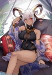  1girl animal_ear_fluff animal_ears arknights arm_support arm_up bangs bare_legs bare_shoulders black_nails black_one-piece_swimsuit blush bracelet breasts carnelian_(arknights) carnelian_(shining_dew)_(arknights) cleavage closed_mouth couch cross cross_necklace crossed_legs dark-skinned_female dark_skin feet_out_of_frame highres holding_ticket horns jewelry large_breasts legs lips looking_at_viewer nail_polish necklace official_alternate_costume on_couch one-piece_swimsuit pillow red_eyes short_hair simple_background sitting smile solo swimsuit thighs twitter_username white_hair wuwuwu_(kriswu555) 