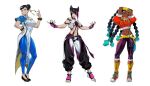  3girls abs arms_up black_hair bracelet braid chinese_clothes chun-li crop_top dark-skinned_female dark_skin earphones full_body gradient_hair han_juri jewelry kimberly_(street_fighter) lam_(ramdayo) looking_at_viewer multicolored_hair multiple_girls navel outstretched_arms second-party_source shoes smile sneakers spiked_bracelet spikes stomach streaked_hair street_fighter street_fighter_6 toned 